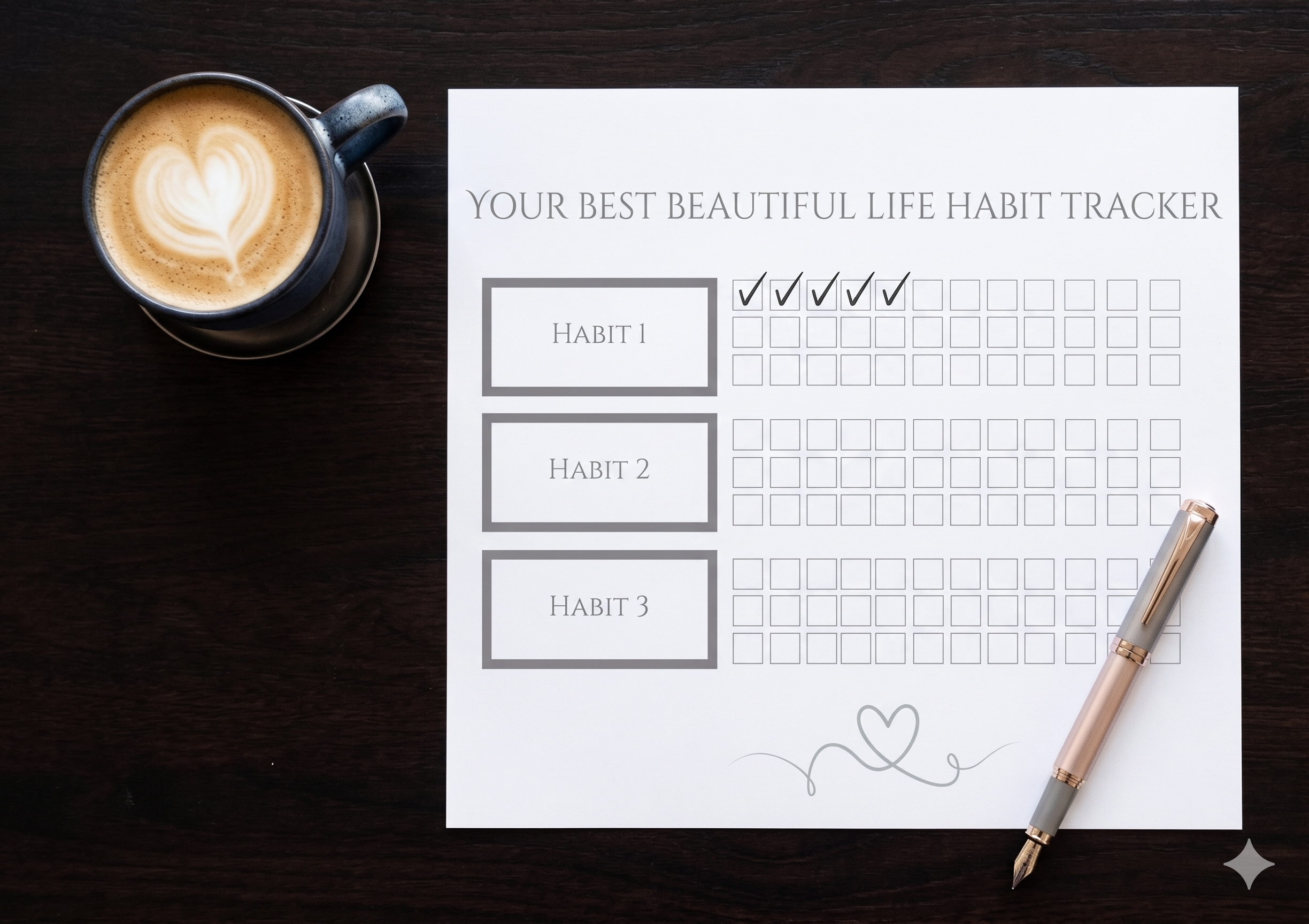 Free Your Best Beautiful Life Habit Tracker printable on a wooden table with coffee — a clean, calm habit tracking worksheet to help midlife women find clarity and consistency.