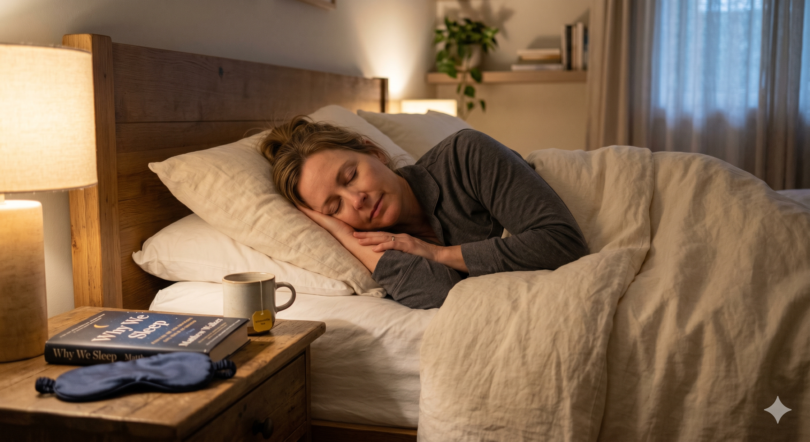 A midlife woman sleeping peacefully in a bed with soft, neutral-toned linen bedding. The bedside table features a book titled 'Why We Sleep', a silk sleep mask, and a mug of tea, emphasizing a routine for supporting your sleep in a calm, dimly lit bedroom.